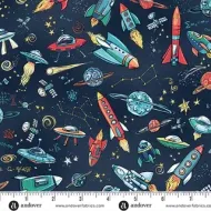 Makower Orbit Dark Blue Rockets Feature Print FQ 