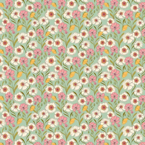 Meadow Walk Pink Mustard Green Flower Print 